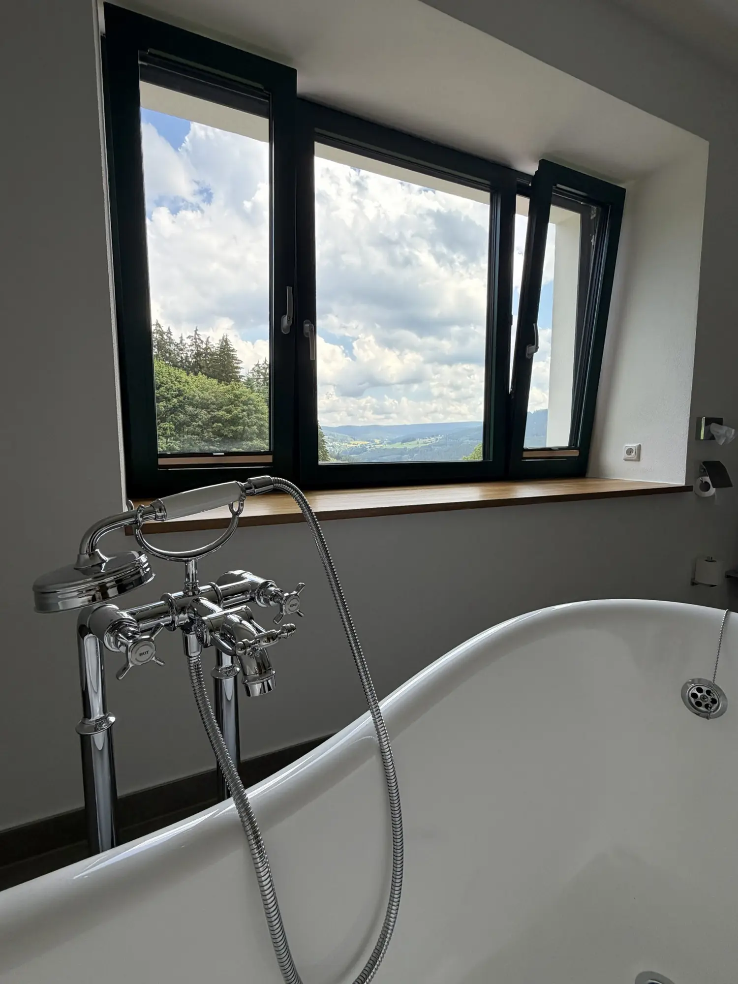 Badewanne am Fenster mit Blick über das Erzgebirge