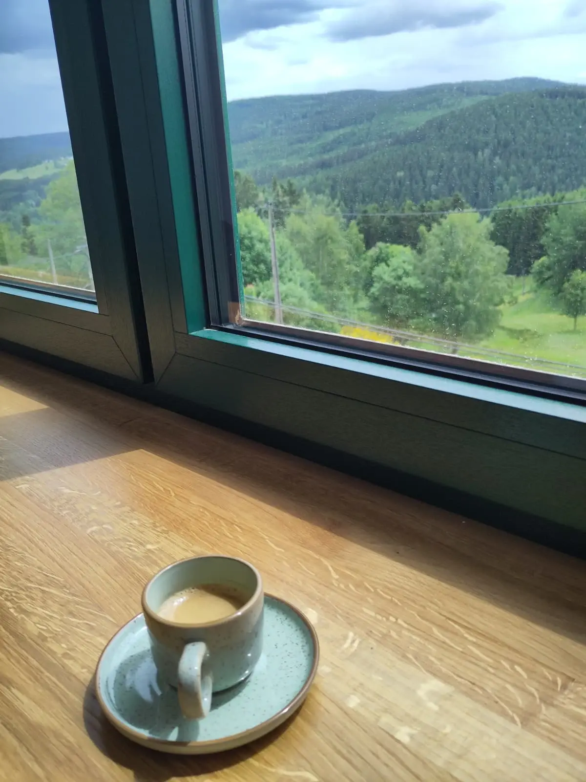 Kaffeetasse am Fenster mit Blick ins Erzgebirge